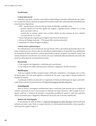 Guia de Vigilância em Saúde
394
r MJNJOBSPA. aegypti em cada território ou manter os índices de infestação muito próximos de zero
(consultar o capítulo sobre dengue neste Guia).
r *TPMBSPTDBTPTTVTQFJUPTEVSBOUFPQFSÎPEPEFWJSFNJB
FNÃSFBTJOGFTUBEBTQFMPA. aegypti.
r 3FBMJ[BSJEFOUJêDBÉÈPPQPSUVOBEFDBTPTQBSBQSPOUBJOUFSWFOÉÈPEBWJHJMÄODJBFQJEFNJPMÓHJDB
r *NQMFNFOUBSBWJHJMÄODJBMBCPSBUPSJBMEBTFOGFSNJEBEFTRVFGB[FNEJBHOÓTUJDPEJGFSFODJBMDPN
febre amarela.
r *NQMFNFOUBSBWJHJMÄODJBTBOJUÃSJBEFQPSUPT
BFSPQPSUPTFGSPOUFJSBTSFDPNFOEBTFTPMJDJUBSBQSFTFOUBÉÈP
do certificado internacional de vacinação, com menos de 10 anos da última dose aplicada para viajantes
procedentes de países ou áreas endêmicas de febre amarela.
Bibliografia
ARAÚJO, F. A. A. et al. Epizootias em primatas não humanos durante reemergência do vírus da febre amarela
no Brasil, 2007 a 2009. Epidemiologia e Serviços de Saúde, Brasília, v. 20, n. 4, p. 519-526, out./dez. 2011.
BARNETT, E. D. Yellow fever: epidemiology and prevention. Emerging Infections, Atlanta, v. 44, n. 15,
p. 850-856, Mar. 2007.
BARRETT, A. D. T. Yellow fever vaccines. Biologicals, London, v. 25, p. 17-25, 1997.
BARRETT, A. D. T., MONATH, T. P. Epidemiology and ecology of yellow fever virus. Advances in
Virus Research, [S.l.], v. 61, p. 291-315, 2003.
BRASIL. Ministério da Saúde. Secretaria de Vigilância em Saúde. Departamento de Vigilância das Doenças
Transmissíveis. Guia de vigilância de epizootias em primatas não humanos e entomologia aplicada à
vigilância da febre amarela. 2. ed. Brasília, 2014.
______. Ministério da Saúde. Secretaria de Vigilância em Saúde. Departamento de Vigilância das Doenças
Transmissíveis. Manual de vigilância epidemiológica de eventos adversos pós-vacinação. Brasília, 2014.
COSTA, Z. G. A. et al. Evolução histórica da vigilância epidemiológica e do controle da febre amarela no
Brasil. Revista Pan-Amazônica de Saúde, Ananindeua, PA, v. 2, n. 1, p. 11-26, mar. 2011.
MONATH, T. P. Yellow fever: an update. Lancet Infectious Diseases, [S.l.], v. 1, p. 11-20, 2001.
ROMANO, A. P. M. et al. Febre amarela no Brasil: recomendações para a vigilância, prevenção e controle.
Epidemiologia e Serviços de Saúde., Brasília, v. 20, n. 1, p. 101-106, jan./mar. 2011.
SOPER, F. L. The newer epidemiology of yellow fever. American Journal of Public Health, Boston, v.
27, n. 1, p. 1-14, Jan. 1937.
TAUIL, P. L. Aspectos críticos do controle da febre amarela no Brasil. Revista de Saúde Pública, São
Paulo, v. 44, n. 3, p. 555-558, 2010.
VASCONCELOS, P. F. C. Febre Amarela. Revista da Sociedade Brasileira de Medicina Tropical, [S.l.],
v. 36, n. 2, p. 275-293, mar./abr. 2003.
WORLD HEALTH ORGANIZATION; ORGANIZACIÓN PANAMERICANA DE LA SALUD. Control
de fiebre amarilla. Guía práctica, [S.l.], n. 603, p. 7-58, 2005.
 