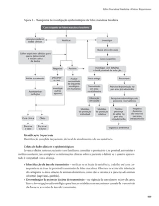 395
Febre do Nilo Ocidental
Febre do Nilo Ocidental
CID 10: A92.3
Características gerais
Descrição
Infecção viral aguda que pode transcorrer de forma subclínica ou com sintomatologia de distintos
graus de gravidade, variando desde febre passageira acompanhada ou não de mialgia até sinais e sintomas
de acometimento do sistema nervoso central com encefalite ou meningoencefalite grave. As formas mais
graves ocorrem com maior frequência em pessoas com mais de 50 anos de idade.
Agente etiológico
O vírus da febre do Nilo Ocidental pertence ao gênero Flavivirus da família Flaviviridae, e faz parte
do complexo de vírus da Encefalite Japonesa, assim como os vírus Saint Louis, Rocio, Murray Valley e
Ilhéus, entre outros.
Hospedeiros e reservatórios
O ciclo de transmissão do vírus envolve aves e mosquitos. Nos mosquitos, a transmissão vertical do
vírus favorece a sua manutenção na natureza.
Também pode infectar humanos, equinos, primatas e outros mamíferos. Algumas espécies de aves
atuam como reservatórios e amplificadores do vírus, em decorrência da elevada e prolongada viremia que
apresentam, quando atuam como fonte de infecção para os vetores. O homem e os equinos são conside-
rados hospedeiros acidentais e terminais, uma vez que a viremia se dá por curto período de tempo e em
níveis insuficientes para infectar mosquitos, encerrando o ciclo de transmissão.
Vetores
O principal gênero envolvido na transmissão é o Culex, mas outros gêneros já foram encon-
trados naturalmente infectados com o vírus. Entre as espécies infectadas, Culex pipiens e Culex tar-
salis despontam como as mais importantes nos Estados Unidos da América (EUA). Nesse gênero,
algumas espécies sobrevivem ao inverno, o que permite manter o ciclo de transmissão mesmo em
baixas temperaturas.
As espécies Culex quiquefasciatus e Aedes albopictus, ambos com registros de isolamento do vírus,
apresentam elevada abundância e ampla distribuição no Brasil, constituindo-se como potenciais vetores
do vírus do Nilo Ocidental no país.
Modo de transmissão
Ocorre pela picada de mosquitos, que se infectam ao realizar o repasto sanguíneo em aves infectadas
e em período de viremia. O vírus se replica no intestino dos mosquitos e migra para as glândulas salivares,
de onde pode ser transmitido para outros animais durante novos repastos sanguíneos. Uma vez infecta-
dos, os mosquitos são capazes de transmitir o vírus durante toda a vida (Figura 1).
 