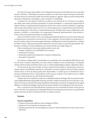 Guia de Vigilância em Saúde
406
Enzimas
Creatinoquinase (CK), desidrogenase lática (LDH), aminotransferases (ALT/TGP e AST/TGO) e
bilirrubinas (BT) estão geralmente aumentadas.
Asamostrasparaisolamentodevemsercoletadas,preferencialmente,antesdousodeantibióticos,exceto
asamostrasparasorologia,quepodemsercolhidasemqualquertempo,eencaminhadasaoLaboratório
Central de Saúde Pública (Lacen), devidamente identificadas e acompanhadas das solicitações de
exames preenchidas. Também deve ser anexada uma cópia da Ficha de Investigação da Febre Maculosa
preenchida, para orientar o processo de investigaçãoeidentificaçãolaboratorialdoagente.Acoletadeve
ser realizada logo após a suspeita clínica de febre maculosa e de acordo com as normas técnicas.
Diagnóstico diferencial
O diagnóstico precoce é muito difícil, principalmente durante os primeiros dias de doença, quando
as manifestações clínicas também podem sugerir leptospirose, dengue, hepatite viral, salmonelose,
meningoencefalite, malária e pneumonia por Mycoplasma pneumoniae.
Com o surgimento do exantema, os diagnósticos diferenciais são meningococcemia, sepse por esta-
filococos e por gram-negativos, viroses exantemáticas (enteroviroses, mononucleose infecciosa, rubéola,
sarampo), outras riquetsioses do grupo do tifo, erliquiose, borrelioses (doença de Lyme), febre purpúrica
brasileira, farmacodermia, doenças reumatológicas (como lúpus), entre outras.
Embora o exantema seja um importante e fundamental achado clínico, sua presença não deve ser
considerada a única condição para fortalecer a suspeita diagnóstica.
Tratamento
O sucesso do tratamento, com consequente redução da letalidade potencialmente associada à febre
maculosa, está diretamente relacionado à precocidade de sua introdução e à especificidade do antimicro-
biano prescrito. As evidências clínicas, microbiológicas e epidemiológicas estabelecem que a doxiciclina é
o antimicrobiano de escolha para terapêutica de todos os casos suspeitos de infecção pela Rickettsia ricket-
tsii e de outras riquetsioses, independentemente da faixa etária e da gravidade da doença. Na impossibi-
lidade de utilização da doxiciclina, oral ou injetável, preconiza-se o cloranfenicol como droga alternativa.
Em geral, quando a terapêutica apropriada é iniciada nos primeiros 5 dias da doença, a febre tende
a desaparecer entre 24 e 72 horas após o início da terapia e a evolução tende a ser benigna. A terapêutica é
empregada rotineiramente por um período de 7 dias, devendo ser mantida por 3 dias, após o término da
febre. O esquema terapêutico indicado está apresentado no Quadro 2.
Apartirdasuspeitadefebremaculosa,aterapêuticacomantibióticosdeveseriniciadaimediatamente,
não se devendo esperar a confirmação laboratorial do caso.
Não é recomendada a antibioticoterapia profilática para indivíduos assintomáticos que tenham sido
recentemente picados por carrapatos, uma vez que dados da literatura apontam que tal conduta poderia,
dentre outras consequências, prolongar o período de incubação da doença.
A doxiciclina na apresentação para uso endovenoso e do cloranfenicol na apresentação líquida, para
uso oral, são disponibilizados exclusivamente pelo Ministério da Saúde.
 