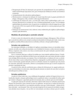 Guia de Vigilância em Saúde
426
graves,diabetesmellitus,DPOC,doençashematológicascrônicas(principalmente,anemiafalciforme
e púrpuras), doença renal crônica, doença ácido-péptica, hepatopatias e doenças autoimunes.
Estes pacientes devem ter acompanhamento em unidade de saúde com leitos de observação até saí-
rem resultados de exames e reavaliação clínica.
(SVQP$mQBDJFOUFTDPNBTTFHVJOUFTDBSBDUFSÎTUJDBT
r DBTPTVTQFJUPEFEFOHVFDPNQSFTFOÉBEFBMHVNTJOBMEFBMBSNF
DPNNBOJGFTUBÉ×FTIFNPSSÃHJDBT
presentes ou ausentes.
Estes pacientes devem ter acompanhamento em unidade hospitalar.
ATENÇÃO: esses pacientes devem ser atendidos, inicialmente, em qualquer serviço de saúde, inde-
pendentemente de nível de complexidade, sendo obrigatória a hidratação venosa rápida, inclusive durante
eventual transferência para uma unidade de referência. Se houver resposta inadequada após as três fases
de expansão, deve-se conduzir como Grupo D.
(SVQP%mQBDJFOUFTRVFBQSFTFOUBNBTTFHVJOUFTDBSBDUFSÎTUJDBT
r DBTPTVTQFJUPEFEFOHVFDPN
- presença de sinais de choque, desconforto respiratório ou disfunção grave de órgãos; e
- manifestações hemorrágicas presentes ou ausentes
Estes pacientes devem ter acompanhamento preferencialmente em unidade com terapia intensiva.
Deve-se manter avaliação clínica contínua de todos os pacientes hospitalizados, registrando sinais
vitais, diurese, controle hídrico, assim como os sinais de alarme. Essa classificação determina as
decisões clínicas, de laboratório, de hospitalização e terapêuticas, pois o paciente pode, durante a
evolução da doença, passar de um grupo a outro em curto período de tempo.
Para mais informações do manejo do paciente, consultar o ‘Guia de Diagnóstico e Manejo Clínico’.
Chikungunya
Descrição
Doença causada pelo vírus chikungunya (CHIKV), transmitido por mosquitos do gênero Aedes, que
cursa com enfermidade febril aguda, subaguda ou crônica. A enfermidade aguda caracteriza-se, prin-
cipalmente, por início súbito de febre alta, cefaleia, mialgias e dor articular intensa, afetando todos os
grupos etários e ambos os sexos. Em uma pequena porcentagem dos casos a artralgia se torna crônica,
podendo persistir por anos. As formas graves e atípicas são raras, mas quando ocorrem, podem, excep-
cionalmente, evoluir para óbito.
Manifestações clínicas
As manifestações clínicas diferem conforme a fase da doença. A fase aguda ou febril é caracterizada, prin-
cipalmente, por febre de início súbito e surgimento de intensa poliartralgia, geralmente acompanhada de dores
nas costas, rash cutâneo (presente em mais de 50% dos casos), cefaleia e fadiga, com duração média de 7 dias.
A febre pode ser contínua, intermitente ou bifásica, e possui curta duração; porém, a queda de tem-
peratura não é associada à piora dos sintomas, como na dengue. Ocasionalmente, pode ser associada a
uma bradicardia relativa.
 