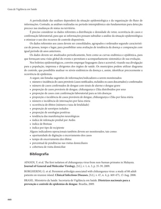 429
Dengue, Chikungunya e Zika
Exames específicos
r 1FTRVJTBEFWÎSVT	JTPMBNFOUPEP$)*,7

r 1FTRVJTBEFHFOPNBEFWÎSVT	EFUFDÉÈPEF3/EF$)*,7QPS351$3FNUFNQPSFBMPV351$3
clássico/convencional)
r 1FTRVJTBEFBOUJDPSQPT*H.QPSUFTUFTTPSPMÓHJDPT	-*4

r %FNPOTUSBÉÈPEFTPSPDPOWFSTÈP	OFHBUJWP՚QPTJUJWPPVBVNFOUPEFRVBUSPWF[FT
OPTUÎUVMPTEF
IgG por testes sorológicos (ELISA ou teste de inibição da hemaglutinação [IH]) entre as amostras
nas fases aguda (primeiros oito dias de doença) e convalescente (preferencialmente, de 15 a 45 dias
após o início dos sintomas, ou 10-14 dias após a coleta da amostra na fase aguda)
As informações sobre o acondicionamento adequado das amostras estão descritas no Anexo B.
Exames inespecíficos
As alterações laboratoriais de chikungunya, durante a fase aguda, são inespecíficas. Leucopenia com
linfopenia menor que 1000 cels/mm3 é a observação mais frequente. A plaquetopenia inferior a 100 mil
cels/mm3 é rara. A velocidade de hemossedimentação e a proteína C-reativa (PCR) encontram-se geral-
mente elevadas, podendo permanecer assim por algumas semanas. Outras alterações podem ser detecta-
das, como elevação discreta das enzimas hepáticas, da creatinina e da creatinofosfoquinase (CPK).
Considerando-se a necessidade de prescrição de corticoides e anti-inflamatórios não esteroides
(Aine) na fase subaguda, os seguintes exames devem ser solicitados: ureia, creatinina, aspartato amino-
transferase (AST), alanina aminotransferase (ALT), glicemia de jejum e hemograma.
Na fase crônica, é importante avaliar o paciente antes da introdução do metotrexato e da hidroxicolo-
roquina. Nessa fase, os seguintes exames são necessários: AgHBs, HBsAg, anti-HCV, anti-HIV, anti-CMV,
toxoplasmose e raio x de tórax, entre outros.
Definição de caso
Suspeito
Paciente com febre de início súbito maior que 38,5ºC e artralgia ou artrite intensa de início agudo, não
explicado por outras condições, sendo residente ou tendo visitado áreas endêmicas ou epidêmicas até duas
semanas antes do início dos sintomas, ou que tenha vínculo epidemiológico com caso importado confirmado.
Confirmado
É todo caso suspeito de chikungunya confirmado laboratorialmente: isolamento viral positivo; de-
tecção de RNA viral por RT-PCR; detecção de IgM em uma única amostra de soro (coletada durante a
GBTFBHVEBPVDPOWBMFTDFOUF
EFNPOTUSBÉÈPEFTPSPDPOWFSTÈP	OFHBUJWP՚QPTJUJWPPVBVNFOUPEFRVBUSP
vezes) nos títulos de IgG por testes sorológicos (ELISA ou teste de inibição da hemaglutinação [IH]) entre
as amostras nas fases aguda (primeiros 8 dias de doença) e convalescente (preferencialmente, de 15 a 45
dias após o início dos sintomas, ou 10-14 dias após a coleta da amostra na fase aguda).
Em razão da semelhança entre alguns sintomas de dengue, Zika e chikungunya, a exemplo do que
já foi discutido neste documento sobre a confirmação laboratorial de dengue, recomenda-se, em caso de
suspeita principal de chikungunya, iniciar a testagem para esta doença por meio de provas diretas, e se não
detectável, testar para dengue e depois para Zika (Figura 4).
Esgotando-se as possibilidades de positividade por meio dos métodos moleculares, uma nova amos-
tra deve ser coletada após 5 dias de início de sintomas (preferencialmente, no 10o
dia) para realização de
sorologia IgM.
 