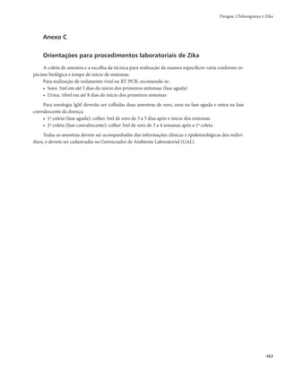 Guia de Vigilância em Saúde
438
comorbidades que evoluírem para óbito no curso da doença, a causa básica do óbito dever ser
considerada a dengue.
r ¶CJUPQPSDIJLVOHVOZBUPEPQBDJFOUFRVFDVNQSBPTDSJUÊSJPTEFEFêOJÉÈPEFDBTPTVTQFJUPPV
confirmado e que morreu como consequência da doença. Considerando que os casos de chikun-
gunya podem evoluir para as fases subaguda e crônica, é importante que os casos sejam investiga-
dos e discutidos em comitês de investigação com especialistas para a correta classificação do óbito.
r ¶CJUPQPS;JLBUPEPQBDJFOUFRVFDVNQSBPTDSJUÊSJPTEFEFêOJÉÈPEFDBTPTVTQFJUPPVDPOêSNBEP
e que morreu como consequência da doença. Considerando que os relatos de óbitos por Zika, ex-
ceto natimortos e recém-nascidos, são mais raros em comparação à dengue e à chikungunya, uma
investigação mais criteriosa deve ser conduzida para o adequado encerramento dos óbitos.
Recomenda-se que os óbitos suspeitos ou confirmados por esses arbovírus sejam investigados utili-
zando-se o roteiro de investigação (Anexo D) e posteriormente, revisados por uma comissão interdiscipli-
nar. Os óbitos necessitam de exames laboratoriais específicos para confirmação, se possível também após
o óbito (imuno-histoquímica ou PCR em vísceras).
Notificação
Conforme descreve a Portaria n° 204, de 17 de fevereiro de 2016, dengue, chikungunya e Zika são
doenças de notificação compulsória, ou seja, todo caso suspeito e/ou confirmado deve ser comunicado ao
Serviço de Vigilância Epidemiológica.
Já os óbitos suspeitos de dengue, chikungunya e Zika, além dos casos de chikungunya em áreas sem
transmissão, são de notificação compulsória imediata, a ser realizada em até 24 (vinte e quatro) horas a
partir do conhecimento da ocorrência de doença, agravo ou evento de Saúde Pública, pelo meio de co-
municação mais rápido disponível, e posteriormente, devem ser inseridos no Sinan. Esse serviço deverá
informar imediatamente o caso à equipe de controle vetorial local, para a adoção das medidas necessárias
ao combate do vetor.
A notificação deve ser registrada no Sistema de Informação de Agravos de Notificação (Sinan online),
através da Ficha de Notificação/Investigação da dengue e chikungunya. Os casos de Zika devem ser noti-
ficados na ficha de notificação/conclusão e inseridas no Sinan Net.
Até que se tenha um sistema de informação que permita uma única entrada de dados para as três
doenças (dengue, chikungunya e Zika), cada uma deve ser digitada conforme a suspeita inicial, e se des-
cartada para essa suspeita e confirmada para outra doença, o caso deve ser encerrado no Sinan como
descartado e outra notificação deve ser inserida para o agravo confirmado.
Os casos de malformação congênita devem ser notificados e investigados conforme normas estabe-
lecidas no documento ‘Orientações Integradas de Vigilância e Atenção à Saúde no Âmbito da Emergência
de Saúde Pública de Importância’.
Os casos de manifestações neurológicas suspeitos de infecção prévia por dengue, Zika e chikungunya
devem ser informados por meio de instrumento específico, o ‘Manual de Vigilância Sentinela de casos das
Arbovirores Neuroinvasivas’.
Em situações epidêmicas, a coleta e o fluxo dos dados devem permitir o acompanhamento da curva
da doença, com vistas ao desencadeamento e avaliação das medidas de controle. Os casos graves devem
ser notificados e investigados, preferencialmente durante o período de internação.
 