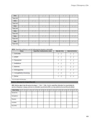 Guia de Vigilância em Saúde
444
A periodicidade das análises dependerá da situação epidemiológica e da organização do fluxo de
informações. Contudo, as análises realizadas no período interepidêmico são fundamentais para detecção
precoce nas mudanças de status no território.
É preciso considerar os dados referentes a distribuição e densidade do vetor, ocorrência de casos e
confirmação laboratorial, para que as informações possam subsidiar a análise da situação epidemiológica
e otimizar o uso dos recursos de controle disponíveis.
Os dados referentes aos casos devem ser consolidados, agrupados e ordenados segundo característi-
cas de pessoa, tempo e lugar, para possibilitar uma avaliação de tendência da doença e comparação com
igual período de anos anteriores.
Os dados devem ser atualizados periodicamente, bem como as curvas endêmica e epidêmica, para
que forneçam uma visão global do evento e permitam o acompanhamento sistemático de sua evolução.
Nos boletins epidemiológicos, convém empregar linguagem clara e acessível, visando sua divulgação
para a população, imprensa e dirigentes dos órgãos de saúde. Os municípios podem utilizar diagrama
de controle, que possibilita analisar os níveis endêmicos da doença e, assim, identificar precocemente a
ocorrência de epidemias.
A seguir, são listadas sugestões de informações/indicadores a serem monitorados:
r OÙNFSPFJODJEËODJBEFDBTPTQSPWÃWFJT	DBTPTOPUJêDBEPT
FYDMVÎEPTPTDBTPTEFTDBSUBEPT
FDPOêSNBEPT
r OÙNFSPEFDBTPTDPOêSNBEPTEFEFOHVFDPNTJOBJTEFBMBSNFFEFOHVFHSBWF
r QSPQPSÉÈPEFDBTPTQSPWÃWFJTEFEFOHVF
DIJLVOHVOZBF;JLBEJTUSJCVÎEPTQPSTFYP
r QSPQPSÉÈPEFDBTPTDPNDPOêSNBÉÈPMBCPSBUPSJBMQBSBBTUSËTEPFOÉBT
r QSPQPSÉÈPFJODJEËODJBEFDBTPTQSPWÃWFJTEFEFOHVF
DIJLVOHVOZBF;JLBQPSGBJYBFUÃSJB
r OÙNFSPFJODJEËODJBEFJOUFSOBÉ×FTQPSGBJYBFUÃSJB
r PDPSSËODJBEFÓCJUPT	OÙNFSPFUBYBEFMFUBMJEBEF

r QSPQPSÉÈPEFTPSPUJQPTJTPMBEPT
r QSPQPSÉÈPEFTPSPMPHJBTQPTJUJWBT
r UFOEËODJBEBTNBOJGFTUBÉ×FTOFVSPMÓHJDBT
r ÎOEJDFEFJOGFTUBÉÈPQSFEJBMQPSFEFT
r ÎOEJDFEF#SFUFBV
r ÎOEJDFQPSUJQPEFSFDJQJFOUF
Alguns indicadores operacionais também devem ser monitorados, tais como:
r PQPSUVOJEBEFEFEJHJUBÉÈPFFODFSSBNFOUPEPTDBTPT
r UFNQPEFFODFSSBNFOUPEPTÓCJUPT
r QFSDFOUVBMEFQFOEËODJBTOBTWJTJUBTEPNJDJMJBSFT
r DPCFSUVSBEFWJTJUBEPNJDJMJBS
Bibliografia
APANDI, Y. et al. The first isolation of chikungunya virus from non-human primates in Malaysia.
Journal of General and Molecular Virology, [S.l.], v. 1, n. 3, p. 35-39, 2009.
BORGHERINI, G. et al. Persistent arthralgia associated with chikungunya virus: a study of 88 adult
patients on reunion island. Clinical Infectious Diseases, [S.l.], v. 47, n. 4, p. 469-475, 15 Aug. 2008.
BRASIL. Ministério da Saúde. Secretaria de Vigilância em Saúde. Diretrizes nacionais para a
prevenção e controle de epidemias de dengue. Brasília, 2009.
 