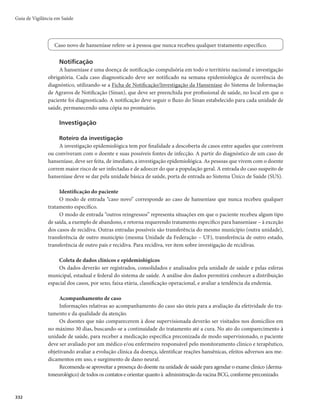Guia de Vigilância em Saúde
328
r Insuficiência terapêuticamTJUVBÉÈPFTQFDJBMFNRVFPQBDJFOUFOÈPSFDFCFVUSBUBNFOUPBEFRVBEP
e suficiente, por diferentes motivos, tais como:
- casos com irregularidade ao tratamento padrão PQT;
- casos que foram erroneamente classificados como PB, quando deveriam ter sido classificados
como MB;
- casos MB tratados com esquemas nos quais os pacientes receberam apenas clofazimina diária e
rifampicina mensal, por inviabilidade de utilização da dapsona do esquema padrão;
- casos geralmente muito avançados e anérgicos, com muitos hansenomas e infiltrações, com
índice baciloscópico maior que 3+ e/ou ELISA anti-PGLI elevados que receberam 12 doses
PQT/MB e, após avaliação clínica e/ou baciloscópica na referência, terão necessidade de 12 do-
ses adicionais. A insuficiência terapêutica com o esquema padrão se trata de caso especial por
problemas de biodisponibilidade, interações medicamentosas e/ou falhas de absorção.
Casos de insuficiência terapêutica não devem ser notificados como “recidiva”, e sim como “outros rein-
gressos”, explicando-se o motivo “insuficiência terapêutica” no campo observação, se já estiverem em
alta do tratamento. Pacientes que ainda não receberam alta por cura do tratamento, como no caso das
12 doses, continuarão no registro ativo, sem necessidade de nova notificação, devendo ser informada
apenas no Boletim de Acompanhamento Mensal a necessidade de 12 doses adicionais.
r Falência terapêuticamTJUVBÉÈPSBSBRVFEFWFTFSNPUJWPEFTVTQFJUB
RVBOEP
- o paciente diagnosticado com hanseníase não apresentar sinais de melhora clínica durante o
tratamento regular e adequadamente indicado de 6 ou 12 doses PQT.
- situação em que o paciente MB recebeu até 24 doses de PQT/MB, portanto já ultrapassou o cri-
tério de insuficiência terapêutica, e que, na alta por cura, apresentar sinais de atividade clínica e/
ou presença de bacilos íntegros bem definidos no raspado dérmico e/ou exame histopatológico
de pele e, quando disponível, manutenção de altos níveis de ELISA anti-PGL1 (IgM). Esse tipo
de caso pode ocorrer por:
. resistência bacteriana aos medicamentos preconizados, que deverá ser investigada clínica
e laboratorialmente na referência;
. alterações enzimático-metabólicas dos pacientes que implicam a diminuição da eficácia
dos medicamentos, que será aventada quando, na investigação molecular de resistência
medicamentosa, o bacilo não apresentar a mutação de resistência a algum dos principais
medicamentos da PQT.
Os casos de falência terapêutica não devem ser notificados como “recidiva”, e sim como “outros rein-
gressos”, explicando-se o motivo “falência terapêutica” no campo observação, se já estiverem em alta
do tratamento. Pacientes que ainda não receberam alta por cura do tratamento, como no caso das
24 doses, continuarão no registro ativo sem necessidade de nova notificação, devendo ser informada
apenas no Boletim de Acompanhamento Mensal a mudança de esquema terapêutico.
Resistência medicamentosa
Casos de hanseníase com suspeita de falência do tratamento com PQT são os que têm maior
probabilidade de apresentar bacilo com resistência medicamentosa e, por isso, devem ser encaminhados
 