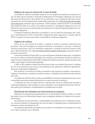 331
Hanseníase
No Brasil, em 2015, a taxa de detecção geral de casos novos foi de 14,07/100.000 hab., o que corres-
ponde a um padrão alto de endemicidade. A redução desse coeficiente de 2006 a 2015 correspondeu a
39,8%. As taxas de detecção da hanseníase apresentam tendência de redução no Brasil, contudo nas re-
giões Norte, Nordeste e Centro-Oeste ainda permanece um padrão alto de endemicidade, apresentando,
respectivamente, taxas de 29,65/100.000 hab., 22,72/100.000 hab. e 44,30/100.000 hab.
As regiões Sudeste e Sul apresentam parâmetros médios de endemicidade, com taxas de, respectiva-
mente, 4,71/100.000 hab. e 3,49/100.000 hab.
A taxa de detecção em menores de 15 anos indica focos de infecção ativos e transmissão recente. Em
2015, essa taxa foi de 4,46/100.000 hab., o que corresponde a 2.113 casos novos nesta faixa etária e um
parâmetro alto de endemicidade. No país, nos últimos 10 anos, a redução deste indicador foi de 28,3%.
Ataxadegrau2deincapacidadefísicasinalizaacondiçãodeacessoaodiagnósticoprecocedadoença,ava-
lia as deformidades causadas pela hanseníase na população geral e utilizada em conjunto com a taxa de detecção,
proporciona o monitoramento da tendência de detecção precoce de casos novos de hanseníase. Em 2015, 1.880
casos novos foram diagnosticados com grau 2 de incapacidade física, o que corresponde a 0,92/100.000 hab.
Os indicadores operacionais avaliam a qualidade dos serviços prestados aos pacientes de hanseníase.
Nesse aspecto, em 2015, o percentual de examinados dentre os contatos intradomiciliares de casos novos
de hanseníase diagnosticados, nos anos das coortes, foi de 78,2%. No mesmo ano, o percentual de cura
dos casos novos nos anos da coorte na população geral foi de 83,5%.
Quanto ao critério de raça/cor, em 2015, a taxa de detecção de casos novos de hanseníase por raça
na população de cor preta e parda foi de 18,95/100.000 hab. e 18,09/100.000 hab., respectivamente, cor-
respondendo a 20.139 casos novos, enquanto que para a população geral do país foi de 14,07/100.000 hab.
(28.761 casos novos). Essas taxas correspondem à parâmetros alto de endemicidade na população de cor
preta e de cor parda, e a proporção de casos novos diagnosticados nesta parcela da população foi de 70%.
Vigilância epidemiológica
Objetivos
r %FUFDUBSFUSBUBSQSFDPDFNFOUFPTDBTPTOPWPT
QBSBJOUFSSPNQFSBDBEFJBEFUSBOTNJTTÈPFQSFWF-
nir as incapacidades físicas.
r YBNJOBSFPSJFOUBSDPOUBUPTEFDBTPTOPWPTEFIBOTFOÎBTF
DPNFOGPRVFOBEFUFDÉÈPFNGBTF
inicial da doença e redução das fontes de transmissão.
r YBNJOBSFPSJFOUBSPTJOEJWÎEVPTRVFSFTJEFNFNÃSFBTEFFMFWBEBFOEFNJDJEBEF	ÃSFBTUFSSJUP-
riais de maior risco), com enfoque na detecção precoce e redução das fontes de transmissão.
A vigilância epidemiológica deve ser organizada em todos os níveis de complexidade da Rede de
Atenção à Saúde, de modo a garantir informações sobre a distribuição, a magnitude e a carga da doença,
nas diversas áreas geográficas
Adescobertadocasodehanseníaseéfeitapormeiodadetecçãoativa(investigaçãoepidemiológicadeconta-
tos e exame de coletividade, como inquéritos e campanhas) e passiva (demanda espontânea e encaminhamento).
Definição de caso
Considera-se um caso de hanseníase a pessoa que apresenta um ou mais dos seguintes sinais cardinais:
r MFTÈP	×FT
FPVÃSFB	T
EBQFMFDPNBMUFSBÉÈPEBTFOTJCJMJEBEFUÊSNJDBFPVEPMPSPTBFPVUÃUJMPV
r DPNQSPNFUJNFOUPEPOFSWPQFSJGÊSJDP
HFSBMNFOUFFTQFTTBNFOUP
BTTPDJBEPBBMUFSBÉ×FTTFOTJUJWBT
e/ou motoras e/ou autonômicas; ou
r QSFTFOÉBEFCBDJMPTM.leprae,confirmadanabaciloscopiadeesfregaçointradérmicoounabiopsiadepele.
 