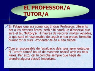 EL PROFESSOR/A 
TUTOR/A 
En l’etapa que ara comences tindràs Professors diferents 
per a les diverses àrees, però n’hi haurà un d’especial que 
serà el teu Tutor/a. Hi hauràs de recorrer moltes vegades, 
ja que serà el responsable de seguir el teu procés formatiu 
durant tot el curs i d’orientar-te en el teu treball. 
Com a responsable de l’avaluació dels teus aprenentatges 
el Tutor/a també haurà de mantenir relació amb els teus 
Pares. Per això, cal hi comptis sempre que hagis de 
prendre alguna decisió important. 
 