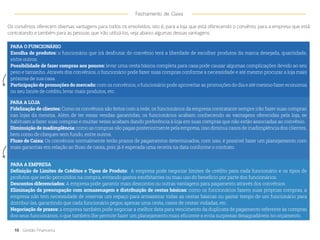 Os convênios oferecem diversas vantagens para todos os envolvidos, isto é, para a loja que está oferecendo o convênio, para a empresa que está
contratando e também para as pessoas que irão utilizá-los, veja abaixo algumas dessas vantagens:
PARA A LOJA
Fidelização de clientes: Como os convênios são feitos com a rede, os funcionários da empresa contratante sempre irão fazer suas compras
nas lojas da mesma. Além de ter essas vendas garantidas, os funcionários acabam conhecendo as vantagens oferecidas pela loja, se
habituam a fazer suas compras e muitas vezes acabam dando preferência à loja em suas compras que não estão associadas ao convênio.
Diminuição de inadimplência: como as compras são pagas posteriormente pela empresa, isso diminui casos de inadimplência dos clientes,
bem como de cheques sem fundo, entre outros.
Fluxo de Caixa: Os convênios normalmente terão prazos de pagamentos determinados, com isso, é possível fazer um planejamento com
mais garantias em relação ao fluxo de caixa, pois já é esperada uma receita na data conforme o contrato.
PARA O FUNCIONÁRIO
Escolha de produtos: o funcionário que irá desfrutar do convênio terá a liberdade de escolher produtos da marca desejada, quantidade,
entre outros.
Possibilidade de fazer compras aos poucos: levar uma cesta básica completa para casa pode causar algumas complicações devido ao seu
peso e tamanho. Através dos convênios, o funcionário pode fazer suas compras conforme a necessidade e até mesmo procurar a loja mais
próxima de sua casa.
Participação de promoções do mercado: com os convênios, o funcionário pode aproveitar as promoções do dia e até mesmo fazer economia
no seu limite de crédito, levar mais produtos, etc.
PARA A EMPRESA
Definição de Limites de Créditos e Tipos de Produto: A empresa pode negociar limites de crédito para cada funcionário e os tipos de
produtos que serão permitidos na compra, evitando gastos exorbitantes ou mau uso do benefício por parte dos funcionários.
Descontos diferenciados: A empresa pode garantir mais descontos ou outras vantagens para pagamento através dos convênios.
Eliminação da preocupação com armazenagem e distribuição de cestas básicas: como os funcionários fazem suas próprias compras, a
empresa não tem necessidade de reservar um espaço para armazenar todas as cestas básicas ou gastar tempo de um funcionário para
distribuí-las, garantindo que cada funcionário pegou apenas uma cesta, casos de cestas violadas, etc.
Negociação de prazos: a empresa também pode negociar a melhor data para vencimento da duplicata de pagamento referente às compras
dos seus funcionários, o que também lhe permite fazer um planejamento mais eficiente e evita surpresas desagradáveis no orçamento.
10 Gestão Financeira
Fechamento de Caixa
 