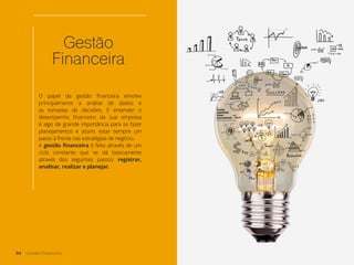 Gestão
Financeira
O papel da gestão financeira envolve
principalmente a análise de dados e
as tomadas de decisões. E entender o
desempenho financeiro da sua empresa
é algo de grande importância para se fazer
planejamentos e assim, estar sempre um
passo à frente nas estratégias de negócio.
A gestão financeira é feita através de um
ciclo constante que se dá basicamente
através dos seguintes passos: registrar,
analisar, realizar e planejar.
04 Gestão Financeira
 