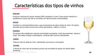 18
Características dos tipos de vinhos
A doçura é advinda do açúcar residual (AR) constante no vinho. Esse açúcar residual é o
resultante do mosto que não se converteu em álcool durante a fermentação.
DOÇURA
ACIDEZ
TANINOS
A acidez é o principal atributo para o que se denomina de sabor azedo do vinho. Os ácidos
advindos da uva mais comuns nos vinhos são tartárico, málico e o cítrico.
Os taninos são substâncias naturais encontradas nas plantas, vindo das sementes, cascas e
caule. Tem sabor amargo e adstringente, contendo alto nível de antioxidantes.
CORPO
Trata-se mais do estilo do vinho, classificado como leve ou encorpado.
ÁLCOOL
O álcool do vinho vem do processo químico de conversão do açúcar em etanol pelas
leveduras.
Licenciado para - Roberto Junior - 83423605987 - Protegido por Eduzz.com
 