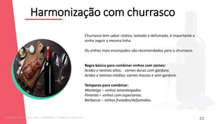 12
Harmonização com churrasco
Churrasco tem sabor rústico, tostado e defumado, é importante o
vinho seguir a mesma linha.
Os vinhos mais encorpados são recomendados para o churrasco.
Regra básica para combinar vinhos com carnes:
Acidez e taninos altos: carnes duras com gordura.
Acidez e taninos médios: carnes macias e sem gordura.
Temperos para combinar:
Manteiga – vinhos amanteigados.
Pimenta – vinhos com especiarias.
Barbecue – vinhos frutados/defumados.
22
Licenciado para - Roberto Junior - 83423605987 - Protegido por Eduzz.com
 