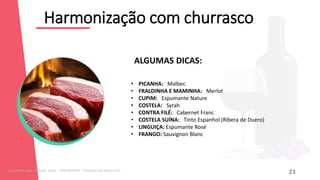 ‘
12
Harmonização com churrasco
• PICANHA: Malbec
• FRALDINHA E MAMINHA: Merlot
• CUPIM: Espumante Nature
• COSTELA: Syrah
• CONTRA FILÉ: Cabernet Franc
• COSTELA SUÍNA: Tinto Espanhol (Ribera de Duero)
• LINGUIÇA: Espumante Rosé
• FRANGO: Sauvignon Blanc
ALGUMAS DICAS:
23
Licenciado para - Roberto Junior - 83423605987 - Protegido por Eduzz.com
 
