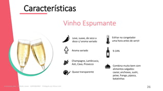 ‘
Características
12
Vinho Espumante
Combina muito bem com
alimentos salgados:
caviar, anchovas, sushi,
peixe, frango, pipoca,
batatinhas
Leve, suave, de seco a
doce c/ aroma variado
Aroma variado
Champagne, Lambrusco,
Asti, Cava, Prosecco
Quase transparente
9-14%
Esfriar no congelador
uma hora antes de servir
26
Licenciado para - Roberto Junior - 83423605987 - Protegido por Eduzz.com
 