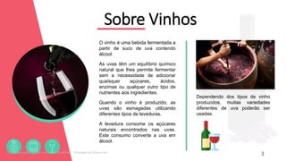 Sobre Vinhos
O vinho é uma bebida fermentada a
partir de suco de uva contendo
álcool.
As uvas têm um equilíbrio químico
natural que lhes permite fermentar
sem a necessidade de adicionar
quaisquer açúcares, ácidos,
enzimas ou qualquer outro tipo de
nutrientes aos ingredientes.
Quando o vinho é produzido, as
uvas são esmagadas utilizando
diferentes tipos de leveduras.
A levedura consome os açúcares
naturais encontrados nas uvas.
Este consumo converte a uva em
álcool.
3
Dependendo dos tipos de vinho
produzidos, muitas variedades
diferentes de uva poderão ser
usadas.
Licenciado para - Roberto Junior - 83423605987 - Protegido por Eduzz.com
 
