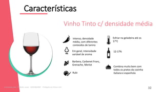 Características
12
Combina muito bem com
todos os pratos da cozinha
italiana e espanhola
Intenso, densidade
média, com diferentes
conteúdos de tanino
Em geral, intensidade
variável de aroma
Barbera, Carbenet Franc,
Grenache, Merlot
Rubi
12-17%
Esfriar na geladeira até os
17°C
Vinho Tinto c/ densidade média
32
Licenciado para - Roberto Junior - 83423605987 - Protegido por Eduzz.com
 
