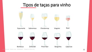 Tipos de taças para vinho
Espumante Sobremesa Chardonnay Viognier Rosé
Bordeaux Zinfandel Pinot Noir Borgonha Cabernet
35
Licenciado para - Roberto Junior - 83423605987 - Protegido por Eduzz.com
 