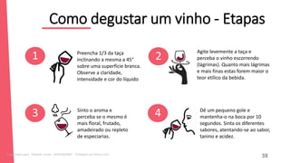 Como degustar um vinho - Etapas
12
1 2
Preencha 1/3 da taça
inclinando a mesma a 45°
sobre uma superfície branca.
Observe a claridade,
intensidade e cor do líquido
Agite levemente a taça e
perceba o vinho escorrendo
(lágrimas). Quanto mais lágrimas
e mais finas estas forem maior o
teor etílico da bebida.
3 Sinto o aroma e
perceba se o mesmo é
mais floral, frutado,
amadeirado ou repleto
de especiarias.
4 Dê um pequeno gole e
mantenha-o na boca por 10
segundos. Sinta os diferentes
sabores, atentando-se ao sabor,
tanino e acidez.
38
Licenciado para - Roberto Junior - 83423605987 - Protegido por Eduzz.com
 