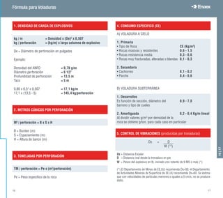 4. CONSUMO ESPECIFICO (CE)
A) VOLADURA A CIELO
1. Primaria
• Tipo de Roca			 CE (Kg/m3
)
• Rocas masivas y resistentes		 0,6 - 1,5
• Rocas resistencia media		 0,3 - 0,6
• Rocas muy fracturadas, alteradas o blandas	 0,1 - 0,3
2. Secundaria
• Cachorreo			 0,1 - 0,2
• Parche				0,4 - 0,6
B) VOLADURA SUBTERRÁNEA
1. Desarrollos
Es función de sección, diámetro del 	 0,9 - 7,0
barreno y tipo de cueles
	
2. Amortiguada 			 0,2 - 0,4 Kg/m lineal
Al dividir valores g/m3
por densidad de la
roca se obtiene g/ton. para cada caso en particular
5. CONTROL DE VIBRACIONES (producidas por tronaduras)
		 Ds = 	 D
			W (1/2
)	
Ds = Distancia Escalar			
D = Distancia real desde la tronadura en pie
W = Pesos del explosivo en lb, iniciado con retardo de 9 MS o más (*)
(*) El Departamento de Minas de EE.UU recomienda Ds=50, el Departamento
de Actividades Mineras de Superficie de EE.UU recomienda Ds=60. Se estima
que con velocidades de partículas menores o iguales a 5 cm/s, no se produce
daño.
1. DENSIDAD DE CARGA DE EXPLOSIVOS
kg / m 		 = Densidad x (De)2
x 0,507
kg / perforación 	 = (kg/m) x largo columna de explosivo	
		
De = Diámetro de perforación en pulgadas
Ejemplo:			
Densidad del ANFO 		 = 0,78 g/cc
Diámetro perforación 		 = 6 1/2"
Profundidad de perforación 	 = 13,5 m
Taco 			 = 5 m
0,80 x 6,52
x 0,507 		 = 17,1 kg/m
17,1 x (13,5 - 5) 		 = 145,4 kg/perforación	
	
2. METROS CÚBICOS POR PERFORACIÓN
M3
/ perforación = B x S x H			
B = Burden (m)			
S = Espaciamiento (m)			
H = Altura de banco (m)
3. TONELADAS POR PERFORACIÓN
TM / perforación = Pe x (m3
/perforación)
Pe = Peso específico de la roca
Fórmula para Voladuras
16|17
16 17
 