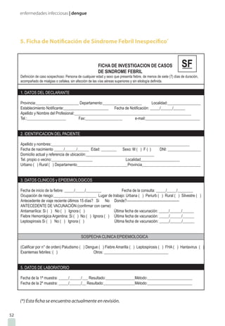 enfermedades infecciosas | dengue
52
5. Ficha de Notificación de Síndrome Febril Inespecífico*
(*) Esta ficha se encuentra actualmente en revisión.
1. DATOS DEL DECLARANTE
Provincia:______________________ Departamento:____________________ Localidad:_________________
Establecimiento Notificante:_______________________ Fecha de Notificación: _____/______/______
Apellido y Nombre del Profesional:____________________________________________________________
Tel.:____________________ Fax:___________________ e-mail:____________________________
2. IDENTIFICACION DEL PACIENTE
Apellido y nombres:_______________________________________________________________________
Fecha de nacimiento _____/______/______ Edad: ________ Sexo: M ( ) F ( ) DNI: _________________
Domicilio actual y referencia de ubicación:___________________________________
Tel. propio o vecino:_____________________ Localidad____________________
Urbano ( ) Rural ( ) Departamento__________________________Provincia______________________________
3. DATOS CLINICOS y EPIDEMIOLOGICOS
Fecha de inicio de la fiebre: _____/_____/________ Fecha de la consulta: _____/_____/________
Ocupación de riesgo:______________________ Lugar de trabajo: Urbana ( ) Periurb ( ) Rural ( ) Silvestre ( )
Antecedente de viaje reciente últimos 15 días? Si No Donde?---------------------------------------------
ANTECEDENTE DE VACUNACIÓN (confirmar con carne)
Antiamarílica: Si ( ) No ( ) Ignora ( ) Última fecha de vacunación: _____/______/______
Fiebre Hemorrágica Argentina: Si ( ) No ( ) Ignora ( ) Última fecha de vacunación: _____/______/______
Leptospirosis Si ( ) No ( ) Ignora ( ) Última fecha de vacunación: _____/______/______
SOSPECHA CLINICA EPIDEMIOLOGICA
(Calificar por n° de orden) Paludismo ( ) Dengue ( ) Fiebre Amarilla ( ) Leptospirosis ( ) FHA ( ) Hantavirus ( )
Exantemas febriles: ( ) Otros: _________________________________
5. DATOS DE LABORATORIO
Fecha de la 1ª muestra: _____/______/___ Resultado:_______________Método:_______________________
Fecha de la 2º muestra: _____/______/__ Resultado:________________Método:_______________________
FICHA DE INVESTIGACION DE CASOS
DE SINDROME FEBRIL
Definición de caso sospechoso: Persona de cualquier edad y sexo que presenta fiebre, de menos de siete (7) días de duración,
acompañado de mialgias o cefalea, sin afección de las vías aéreas superiores y sin etiología definida.
 