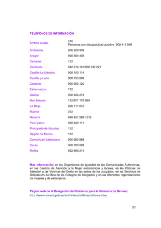 TELÉFONOS DE INFORMACIÓN

                             016
Ámbito estatal
                             Personas con discapacidad auditiva: 900 116 016
Andalucía                    900 200 999
Aragón                       900 504 405
Canarias                     112
Cantabria                    942 214 141/900 332 221
Castilla-La Mancha           900 100 114
Castilla y León              900 333 888
Cataluña                     900 900 120
Extremadura                  112
Galicia                      900 400 273
Illes Balears                112/971 178 989
La Rioja                     900 711 010
Madrid                       012
Navarra                      848 421 588 / 012
País Vasco                   900 840 111
Principado de Asturias       112
Región de Murcia             112
Comunidad Valenciana         900 580 888
Ceuta                        900 700 099
Melilla                      952 699 214



Más información: en los Organismos de Igualdad de las Comunidades Autónomas,
en los Centros de Atención a la Mujer autonómicos y locales, en las Oficinas de
Atención a las Víctimas del Delito en las sedes de los Juzgados, en los Servicios de
Orientación Jurídica de los Colegios de Abogados y en las diferentes organizaciones
de mujeres y de extranjeros.



Página web de la Delegación del Gobierno para la Violencia de Género:
http://www.msssi.gob.es/ssi/violenciaGenero/home.htm



                                                                               33
 