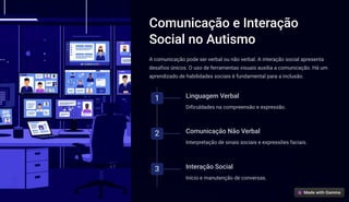 Comunicação e Interação
Social no Autismo
A comunicação pode ser verbal ou não verbal. A interação social apresenta
desafios únicos. O uso de ferramentas visuais auxilia a comunicação. Há um
aprendizado de habilidades sociais é fundamental para a inclusão.
1 Linguagem Verbal
Dificuldades na compreensão e expressão.
2 Comunicação Não Verbal
Interpretação de sinais sociais e expressões faciais.
3 Interação Social
Início e manutenção de conversas.
 