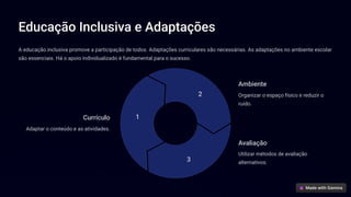 Educação Inclusiva e Adaptações
A educação inclusiva promove a participação de todos. Adaptações curriculares são necessárias. As adaptações no ambiente escolar
são essenciais. Há o apoio individualizado é fundamental para o sucesso.
1
2
3
Currículo
Adaptar o conteúdo e as atividades.
Ambiente
Organizar o espaço físico e reduzir o
ruído.
Avaliação
Utilizar métodos de avaliação
alternativos.
 