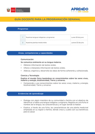 #APRENDOENCASA
GUÍA DOCENTE PARA LA PROGRAMACIÓN SEMANAL
Programas
1 Nuestras lenguas indígenas u originarias Lunes 30 de junio
2 Nuestras plantas medicinales Jueves 02 de julio
Comunicación:
Se comunica oralmente en su lengua materna.
•	 Obtiene información de textos orales.
•	 Infiere e interpreta información de textos orales.
•	 Adecúa, organiza y desarrolla las ideas de forma coherente y cohesionada.
Ciencia y Tecnología:
Explica el mundo físico basándose en conocimientos sobre los seres vivos,
materia y energía, biodiversidad, Tierra y universo.
•	 Comprende y usa conocimientos sobre los seres vivos; materia y energía;
biodiversidad, Tierra y universo.
Áreas, competencias y capacidades
•	 Dialoga con algún miembro de su comunidad o familia con el objetivo de
identificar si habla una lengua indígena u originaria. Registra en una ficha el
nombre de la lengua, las características y el lugar donde la hablan.
•	 Explica, a través de una ficha, las características de una planta medicinal
empleada en su región o familia, dónde crece y cuáles son sus beneficios
para la salud.
Evidencias de aprendizaje
 