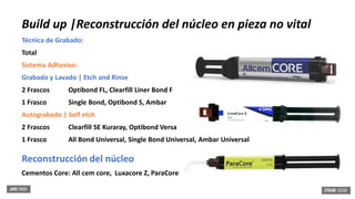 Build up |Reconstrucción del núcleo en pieza no vital
Técnica de Grabado:
Total
Sistema Adhesivo:
Grabado y Lavado | Etch and Rinse
2 Frascos Optibond FL, Clearfill Liner Bond F
1 Frasco Single Bond, Optibond S, Ambar
Autograbado | Self etch
2 Frascos Clearfill SE Kuraray, Optibond Versa
1 Frasco All Bond Universal, Single Bond Universal, Ambar Universal
Reconstrucción del núcleo
Cementos Core: All cem core, Luxacore Z, ParaCore
 