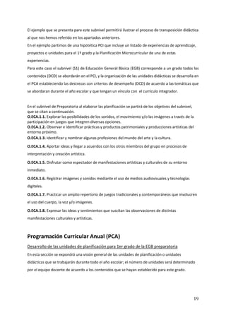 19
El ejemplo que se presenta para este subnivel permitirá ilustrar el proceso de transposición didáctica
al que nos hemos referido en los apartados anteriores.
En el ejemplo partimos de una hipotética PCI que incluye un listado de experiencias de aprendizaje,
proyectos o unidades para el 1º grado y la Planificación Microcurricular de una de estas
experiencias.
Para este caso el subnivel (S1) de Educación General Básica (EGB) corresponde a un grado todos los
contenidos (DCD) se abordarán en el PCI, y la organización de las unidades didácticas se desarrolla en
el PCA estableciendo las destrezas con criterios de desempeño (DCD) de acuerdo a las temáticas que
se abordaran durante el año escolar y que tengan un vínculo con el currículo integrador.
En el subnivel de Preparatoria al elaborar las planificación se partirá de los objetivos del subnivel,
que se citan a continuación.
O.ECA.1.1. Explorar las posibilidades de los sonidos, el movimiento y/o las imágenes a través de la
participación en juegos que integren diversas opciones.
O.ECA.1.2. Observar e identificar prácticas y productos patrimoniales y producciones artísticas del
entorno próximo.
O.ECA.1.3. Identificar y nombrar algunas profesiones del mundo del arte y la cultura.
O.ECA.1.4. Aportar ideas y llegar a acuerdos con los otros miembros del grupo en procesos de
interpretación y creación artística.
O.ECA.1.5. Disfrutar como espectador de manifestaciones artísticas y culturales de su entorno
inmediato.
O.ECA.1.6. Registrar imágenes y sonidos mediante el uso de medios audiovisuales y tecnologías
digitales.
O.ECA.1.7. Practicar un amplio repertorio de juegos tradicionales y contemporáneos que involucren
el uso del cuerpo, la voz y/o imágenes.
O.ECA.1.8. Expresar las ideas y sentimientos que suscitan las observaciones de distintas
manifestaciones culturales y artísticas.
Programación Curricular Anual (PCA)
Desarrollo de las unidades de planificación para 1er grado de la EGB preparatoria
En esta sección se expondrá una visión general de las unidades de planificación o unidades
didácticas que se trabajarán durante todo el año escolar; el número de unidades será determinado
por el equipo docente de acuerdo a los contenidos que se hayan establecido para este grado.
 