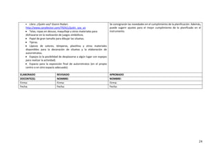 24
• Libro: ¿Quién soy? Gianni Rodari.
http://www.canallector.com/7924/¿Quién_soy_yo
• Telas, ropas en desuso, maquillaje y otros materiales para
disfrazarse en la realización de juegos simbólicos.
• Papel de gran tamaño para dibujar las siluetas.
• Tijeras.
• Lápices de colores, témperas, plastilina y otros materiales
disponibles para la decoración de siluetas y la elaboración de
autorretratos.
• Espejos (o la posibilidad de desplazarse a algún lugar con espejos
para realizar la actividad).
• Espacio para la exposición final de autorretratos (en el propio
centro o en otro espacio adecuado).
Se consignarán las novedades en el cumplimiento de la planificación. Además,
puede sugerir ajustes para el mejor cumplimiento de lo planificado en el
instrumento.
ELABORADO REVISADO APROBADO
DOCENTE(S): NOMBRE: NOMBRE:
Firma: Firma: Firma:
Fecha: Fecha: Fecha:
 