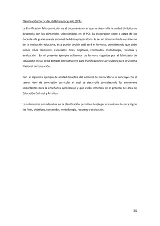 25
Planificación Curricular didáctica por grado (PCA)
La Planificación Microcurricular es el documento en el que se desarrolla la unidad didáctica se
desarrolla con los contenidos seleccionados en el PCI. Su elaboración corre a cargo de los
docentes de grado en este subnivel de básica preparatoria. Al ser un documento de uso interno
de la institución educativa, ésta puede decidir cuál será el formato, considerando que debe
incluir estos elementos esenciales: fines, objetivos, contenidos, metodología, recursos y
evaluación. En el presente ejemplo utilizamos un formato sugerido por el Ministerio de
Educación el cual se ha tomado del Instructivo para Planificaciones Curriculares para el Sistema
Nacional de Educación.
Con el siguiente ejemplo de unidad didáctica del subnivel de preparatoria se concluye con el
tercer nivel de concreción curricular el cual se desarrolla considerando los elementos
importantes para la enseñanza aprendizaje y que están inmersos en el proceso del área de
Educación Cultural y Artística
Los elementos considerados en la planificación permiten desplegar el currículo de para lograr
los fines, objetivos, contenidos, metodología, recursos y evaluación.
 