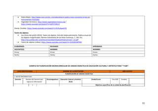 55
• Pedro Reyes. http://www.vice.com/es_mx/video/disarm-pedro-reyes-convierte-armas-en-
instrumentos-musicales
• Vegetable Orchestra. http://www.vegetableorchestra.org /
https://www.youtube.com/watch?v=hpfYt7vRHuY
Stomp. Escobas. https://www.youtube.com/watch?v=PciPuGpwGT8
Teatro de objetos:
• Los chicos del jardín (2013). Teatro de objetos: Arte del redescubrimiento. Poética visual de
los objetos resignificados. Revista Colombiana de las Artes Escénicas, 7, 145-151.
http://vip.ucaldas.edu.co/artescenicas/downloads/artesescenicas7_12.pdf
• Teatro de objetos (vídeo). https://www.youtube.com/watch?v=2vDzDlOWPXM
ELABORADO REVISADO APROBADO
DOCENTE(S): NOMBRE: NOMBRE:
Firma: Firma: Firma:
Fecha: Fecha: Fecha:
EJEMPLO DE PLANIFICACIÓN MICROCURRICULAR DE UNIDAD DIDÁCTICA DE EDUCACIÓN CULTURAL Y ARTÍSTICA PARA “7 EGB”:
LOGO INSTITUCIONAL NOMBRE DE LA INSTITUCIÓN AÑO LECTIVO
PLANIFICACIÓN DE UNIDAD DIDÁCTICA
1. DATOS INFORMATIVOS:
Docente: Nombre del docente que
ingresa la información
Área/asignatura: Educación Cultural y Artística
(ECA)
Grado/Curso: 7mo EGB Paralelo:
1 Objetivos específicos de la unidad de planificación:
 