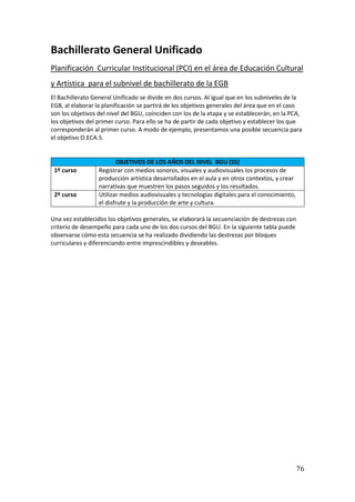 76
Bachillerato General Unificado
Planificación Curricular Institucional (PCI) en el área de Educación Cultural
y Artística para el subnivel de bachillerato de la EGB
El Bachillerato General Unificado se divide en dos cursos. Al igual que en los subniveles de la
EGB, al elaborar la planificación se partirá de los objetivos generales del área que en el caso
son los objetivos del nivel del BGU, coinciden con los de la etapa y se establecerán, en la PCA,
los objetivos del primer curso. Para ello se ha de partir de cada objetivo y establecer los que
corresponderán al primer curso. A modo de ejemplo, presentamos una posible secuencia para
el objetivo O.ECA.5.
OBJETIVOS DE LOS AÑOS DEL NIVEL BGU (S5)
1º curso Registrar con medios sonoros, visuales y audiovisuales los procesos de
producción artística desarrollados en el aula y en otros contextos, y crear
narrativas que muestren los pasos seguidos y los resultados.
2º curso Utilizar medios audiovisuales y tecnologías digitales para el conocimiento,
el disfrute y la producción de arte y cultura.
Una vez establecidos los objetivos generales, se elaborará la secuenciación de destrezas con
criterio de desempeño para cada uno de los dos cursos del BGU. En la siguiente tabla puede
observarse cómo esta secuencia se ha realizado dividiendo las destrezas por bloques
curriculares y diferenciando entre imprescindibles y deseables.
 