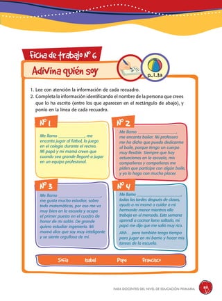 para docentes del nivel de educación primaria 115
FichadetrabajoN0
6
Adivinaquiénsoy
1. Lee con atención la información de cada recuadro.
2. Completa la información identificando el nombre de la persona que crees
que lo ha escrito (entre los que aparecen en el rectángulo de abajo), y
ponlo en la línea de cada recuadro.
p l ta
N0
1
N0
3 N0
4
N0
2
Me llamo _____________, me
encanta jugar al fútbol, lo juego
en el colegio durante el recreo.
Mi papá y mi mamá creen que
cuando sea grande llegaré a jugar
en un equipo profesional.
Me llamo _____________________,
me gusta mucho estudiar, sobre
todo matemáticas, por eso me va
muy bien en la escuela y ocupo
el primer puesto en el cuadro de
honor de mi salón. De grande
quiero estudiar ingeniería. Mi
mamá dice que soy muy inteligente
y se siente orgullosa de mí.
Me llamo _______________________,
todas las tardes después de clases,
ayudo a mi mamá a cuidar a mi
hermanita menor mientras ella
trabaja en el mercado. Esta semana
aprendí a cocinar lomo saltado, mi
papá me dijo que me salió muy rico.
Ahh… pero también tengo tiempo
para jugar en mi barrio y hacer mis
tareas de la escuela.
Me llamo ___________________,
me encanta bailar. Mi profesora
me ha dicho que puedo dedicarme
al baile, porque tengo un cuerpo
muy flexible. Siempre que hay
actuaciones en la escuela, mis
compañeros y compañeras me
piden que participe con algún baile,
y yo lo hago con mucho placer.
Sofía Isabel Pepe Francisco
 