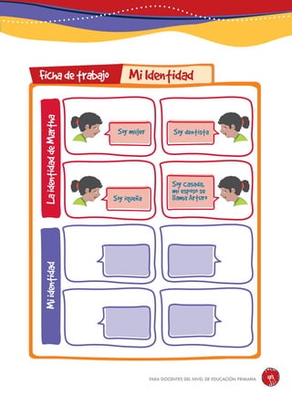 para docentes del nivel de educación primaria 181
MiIdentidad
Soy mujer Soy dentista
Soy Casada,
mi esposo se
llama ArturoSoy iqueña
Fichadetrabajo
LaidentidaddeMarthaMiidentidad
 