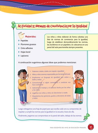 para docentes del nivel de educación primaria 89
Materiales:
 Papelote
 Plumones gruesos
 Cinta adhesiva
 Hojas bond
 Lapiceros
Actividad2:Normasdeconvivenciaporlaigualdad
Los niños y niñas elaboran de forma colectiva una
lista de normas de convivencia para la igualdad,
luego de establecer democráticamente las normas,
las escribimos en un papelote y lo colocamos en una
pared del aula para tenerlas siempre presentes.
Luego entregamos una hoja de papel para que escriba cada uno su compromiso de
respetar y cumplir las normas para la igualdad en la escuela y fuera de ella.
Finalmente, pegamos sus compromisos en la pared del salón, debajo de las normas.
A continuación sugerimos algunas ideas que podemos mencionar:
1. Tratamos a todas y todos con respeto e igualdad.
2. Niños y niñas seremos responsables por las tareas del aula.
3. Empleamos un lenguaje de igualdad que valore a
todos y todas.
4. Comunicamos si algún comentario o conducta nos
hace sentir mal.
5. Valoramos el trabajo y el esfuerzo hecho por las niñas
y los niños.
6. Jugamos con niñas y niños sin discriminar a nadie.
7. Respetamos las opiniones, gustos y elecciones de todas
y todos.
 
