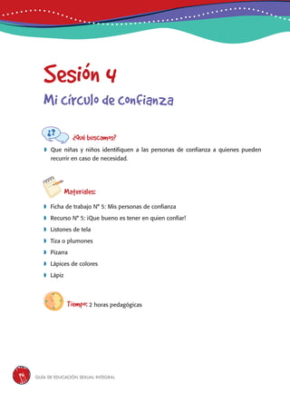 Guía de educación sexual inteGral94
Sesión 4
Mi círculo de confianza
¿Qué buscamos?
	Que niñas y niños identifiquen a las personas de confianza a quienes pueden
recurrir en caso de necesidad.
Materiales:
 Ficha de trabajo N° 5: Mis personas de confianza
 Recurso N° 5: ¡Que bueno es tener en quien confiar!
 Listones de tela
 Tiza o plumones
 Pizarra
 Lápices de colores
 Lápiz
Tiempo: 2 horas pedagógicas
 