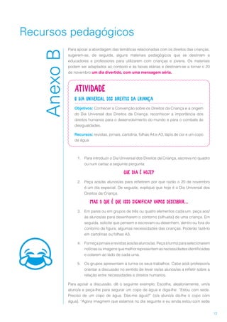 12
Recursos pedagógicos
Para apoiar a abordagem das temáticas relacionadas com os direitos das crianças,
sugerem-se, de seguida, alguns materiais pedagógicos que se destinam a
educadores e professores para utilizarem com crianças e jovens. Os materiais
podem ser adaptados ao contexto e às faixas etárias e destinam-se a tornar o 20
de novembro um dia divertido, com uma mensagem séria.
Atividade
O Dia Universal dos Direitos da Criança
Objetivos: Conhecer a Convenção sobre os Direitos da Criança e a origem
do Dia Universal dos Direitos da Criança; reconhecer a importância dos
direitos humanos para o desenvolvimento do mundo e para o combate às
desigualdades.
Recursos: revistas, jornais, cartolina, folhas A4 e A3, lápis de cor e um copo
de água
1.	 Para introduzir o Dia Universal dos Direitos da Criança, escreva no quadro
ou num cartaz a seguinte pergunta:
Que dia é hoje?
2.	 Peça aos/às alunos/as para refletirem por que razão o 20 de novembro
é um dia especial. De seguida, explique que hoje é o Dia Universal dos
Direitos da Criança.
Mas o que é que isso significa? Vamos descobrir…
3.	 Em pares ou em grupos de três ou quatro elementos cada um, peça aos/
às alunos/as para desenharem o contorno (silhueta) de uma criança. Em
seguida, solicite que pensem e escrevam ou desenhem, dentro ou fora do
contorno da figura, algumas necessidades das crianças. Poderão fazê-lo
em cartolinas ou folhas A3.
4.	 Forneçajornaiserevistasaos/àsalunos/as.Peçaàturmaparaselecionarem
notíciasouimagensquemelhorrepresentemasnecessidadesidentificadas
e colarem ao lado de cada uma.
5.	 Os grupos apresentam à turma os seus trabalhos. Cabe ao/à professor/a
orientar a discussão no sentido de levar os/as alunos/as a refletir sobre a
relação entre necessidades e direitos humanos.
Para apoiar a discussão, dê o seguinte exemplo. Escolha, aleatoriamente, um/a
aluno/a e peça-lhe para segurar um copo de água e diga-lhe: “Estou com sede.
Preciso de um copo de água. Dás-me água?” (o/a aluno/a dá-lhe o copo com
água). “Agora imaginem que estamos no dia seguinte e eu ainda estou com sede
AnexoB
 