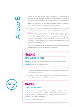 17
1.	 Prepare cartões com “direitos falsos” (por exemplo, o direito a ter um
telemóvel, sapatos de marca, animais de estimação, a sua comida favorita,
uma bicicleta, ver televisão ou não arrumar o quarto) com os verdadeiros.
Nota: os cartões podem ser elaborados em sala de aula com desenhos ou
frases dos/as alunos/as ou recortes de jornais e revistas.
2.	 Em pares ou em pequenos grupos, os/as alunos/as escolhem um cartão
ao acaso e partilham com a turma se o direito é verdadeiro ou falso.
Variante: Leia em voz alta um direito e peça aos/às alunos/as para se
levantarem ou sentarem quando considerarem que o direito é verdadeiro
ou falso. Dependendo da faixa etária do grupo ou da turma, alguns dos
exemplos “falsos” podem ser deliberadamente ambíguos para incentivar
as crianças a refletir com maior profundidade sobre o modo como devem
interpretar os direitos da CDC.
3.	 Concluaaatividadelançandoalgumasperguntassobreoqueaprenderam,
nomeadamente, o que distingue direitos de desejos.
Atividade
Direitos da criança em emojis
Objetivos: Promover a curiosidade pelos direitos humanos das crianças.
Recursos: folhas de papel e lápis de cor
1.	 Peça aos/às alunos/as para pensarem em direitos da criança e desenharem
emojis que os representem.
2.	 Os trabalhos podem ser expostos na sala de aula ou noutro espaço da
escola, e partilhados com a UNICEF Portugal.
Atividade
A escola dos meus sonhos
Objetivos: Conhecer a escola; reconhecer o papel de cada criança e jovem
na construção de uma escola equitativa e para todos; desenvolver uma
atitude de reflexão e pensamento crítico; e desenvolver competências de
trabalho em equipa e de participação.
Recursos: folhas de papel e lápis
AnexoB
 