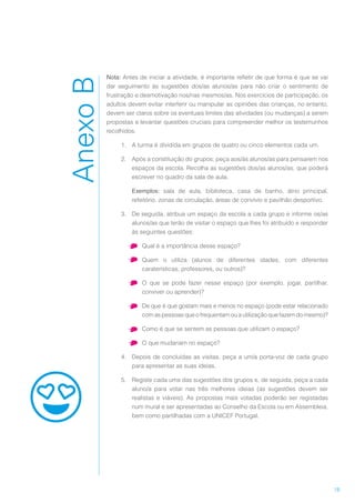18
Nota: Antes de iniciar a atividade, é importante refletir de que forma é que se vai
dar seguimento às sugestões dos/as alunos/as para não criar o sentimento de
frustração e desmotivação nos/nas mesmos/as. Nos exercícios de participação, os
adultos devem evitar interferir ou manipular as opiniões das crianças, no entanto,
devem ser claros sobre os eventuais limites das atividades (ou mudanças) a serem
propostas e levantar questões cruciais para compreender melhor os testemunhos
recolhidos.
1.	 A turma é dividida em grupos de quatro ou cinco elementos cada um.
2.	 Após a constituição do grupos, peça aos/às alunos/as para pensarem nos
espaços da escola. Recolha as sugestões dos/as alunos/as, que poderá
escrever no quadro da sala de aula.
Exemplos: sala de aula, biblioteca, casa de banho, átrio principal,
refeitório, zonas de circulação, áreas de convívio e pavilhão desportivo.
3.	 De seguida, atribua um espaço da escola a cada grupo e informe os/as
alunos/as que terão de visitar o espaço que lhes foi atribuído e responder
às seguintes questões:
•	 Qual é a importância desse espaço?
•	 Quem o utiliza (alunos de diferentes idades, com diferentes
caraterísticas, professores, ou outros)?
•	 O que se pode fazer nesse espaço (por exemplo, jogar, partilhar,
conviver ou aprender)?
•	 De que é que gostam mais e menos no espaço (pode estar relacionado
com as pessoas que o frequentam ou a utilização que fazem do mesmo)?
•	 Como é que se sentem as pessoas que utilizam o espaço?
•	 O que mudariam no espaço?
4.	 Depois de concluídas as visitas, peça a um/a porta-voz de cada grupo
para apresentar as suas ideias.
5.	 Registe cada uma das sugestões dos grupos e, de seguida, peça a cada
aluno/a para votar nas três melhores ideias (as sugestões devem ser
realistas e viáveis). As propostas mais votadas poderão ser registadas
num mural e ser apresentadas ao Conselho da Escola ou em Assembleia,
bem como partilhadas com a UNICEF Portugal.
AnexoB
 