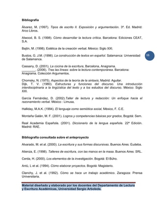 Material diseñado y elaborado por los docentes del Departamento de Lectura
y Escritura Académicas, Universidad Sergio Arboleda.
11
Bibliografía
Álvarez, M. (1997). Tipos de escrito II. Exposición y argumentación. 3ª. Ed. Madrid:
Arco Libros.
Atwood, B. S. (1998). Cómo desarrollar la lectura crítica. Barcelona: Ediciones CEAT,
S.A.
Bajtin, M. (1998). Estética de la creación verbal. México: Siglo XXI.
Bustos, G. J.M. (1996). La construcción de textos en español. Salamanca: Universidad
de Salamanca.
Cassany, D. (2001), La cocina de la escritura, Barcelona, Anagrama.
________. (2006). Tras las líneas: sobre la lectura contemporánea. Barcelona:
Anagrama. Colección Argumentos.
Chomsky, N. (1975). Aspectos de la teoría de la sintaxis, Madrid: Aguilar.
Dijk, T. V. (1980). Estructuras y funciones del discurso. Una introducción
interdisciplinaria a la lingüística del texto y a los estudios del discurso. México: Siglo
XXI.
García Fernández, D. (2002).Taller de lectura y redacción: Un enfoque hacia el
razonamiento verbal. México : Limusa,
Halliday, M.A.K. (1994). El lenguaje como semiótica social, México, F. C.E.
Montaña Galán, M. F. (2001). Logros y competencias básicas por grados, Bogotá: Sem.
Real Academia Española. (2001). Diccionario de la lengua española. 22ª Edición.
Madrid: RAE.
Bibliografía consultada sobre el anteproyecto
Alvarado, M. et al. (2000). La escritura y sus formas discursivas. Buenos Aires: Eudeba.
Atienza, E. (1998). Talleres de escritura, con las manos en la masa. Buenos Aires: SRL.
Cerda, H. (2000). Los elementos de la investigación. Bogotá: El Búho.
Antú, L et al. (1994). Cómo elaborar proyectos. Bogotá: Magisterio.
Clanchy, J. et al. (1992). Cómo se hace un trabajo académico. Zaragoza: Prensa
Universitaria.
 