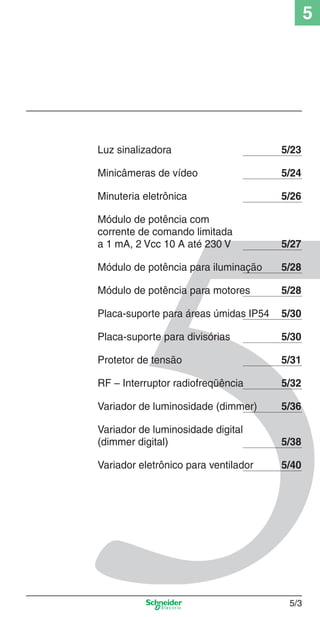 5_Produtos diferenciados.indd 5/3

5

Luz sinalizadora

5/23

Minicâmeras de vídeo

5/24

Minuteria eletrônica

5/26

Módulo de potência com
corrente de comando limitada
a 1 mA, 2 Vcc 10 A até 230 V

5/27

Módulo de potência para iluminação

5/28

Módulo de potência para motores

5/28

Placa-suporte para áreas úmidas IP54

5/30

Placa-suporte para divisórias

5/30

Protetor de tensão

5/31

RF – Interruptor radiofreqüência

5/32

Variador de luminosidade (dimmer)

5/36

Variador de luminosidade digital
(dimmer digital)

5/38

Variador eletrônico para ventilador

5/40

5/3

9/19/08 11:45:18 AM

 