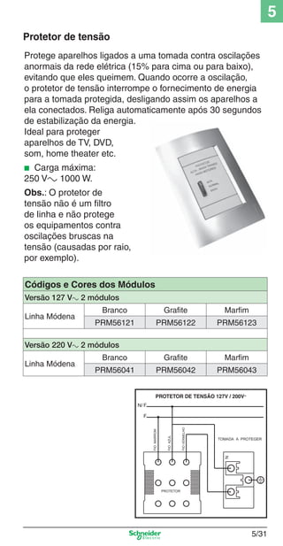 5
Protetor de tensão
Protege aparelhos ligados a uma tomada contra oscilações
anormais da rede elétrica (15% para cima ou para baixo),
evitando que eles queimem. Quando ocorre a oscilação,
o protetor de tensão interrompe o fornecimento de energia
para a tomada protegida, desligando assim os aparelhos a
ela conectados. Religa automaticamente após 30 segundos
de estabilização da energia.
Ideal para proteger
aparelhos de TV, DVD,
som, home theater etc.
■ Carga máxima:
250 Va 1000 W.

Obs.: O protetor de
tensão não é um ﬁltro
de linha e não protege
os equipamentos contra
oscilações bruscas na
tensão (causadas por raio,
por exemplo).
Códigos e Cores dos Módulos
Versão 127 Va 2 módulos
Linha Módena

Branco

Grafite

Marfim

PRM56121

PRM56122

PRM56123

Versão 220 Va 2 módulos
Linha Módena

5_Produtos diferenciados.indd 5/31

Branco

Grafite

Marfim

PRM56041

PRM56042

PRM56043

5/31

9/19/08 11:45:28 AM

 