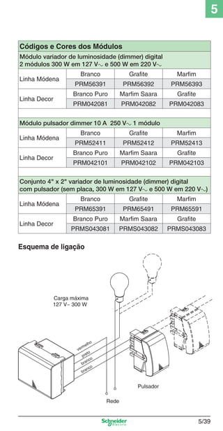 5
Códigos e Cores dos Módulos
Módulo variador de luminosidade (dimmer) digital
2 módulos 300 W em 127 Va e 500 W em 220 Va
Linha Módena
Linha Decor

Branco

Grafite

Marfim

PRM56391

PRM56392

PRM56393

Branco Puro

Marfim Saara

Grafite

PRM042081

PRM042082

PRM042083

Módulo pulsador dimmer 10 A 250 Va 1 módulo
Linha Módena
Linha Decor

Branco

Grafite

Marfim

PRM52411

PRM52412

PRM52413

Branco Puro

Marfim Saara

Grafite

PRM042101

PRM042102

PRM042103

Conjunto 4" x 2" variador de luminosidade (dimmer) digital
com pulsador (sem placa, 300 W em 127 Va e 500 W em 220 Va)
Linha Módena
Linha Decor

Branco

Grafite

Marfim

PRM65391

PRM65491

PRM65591

Branco Puro

Marfim Saara

Grafite

PRMS043081

PRMS043082

PRMS043083

Esquema de ligação

Carga máxima
127 V~ 300 W

5_Produtos diferenciados.indd 5/39

o

elh

rm

ve

to
pre
o
nc
bra
o
nc
bra

Pulsador
Rede

5/39

9/19/08 11:45:32 AM

 