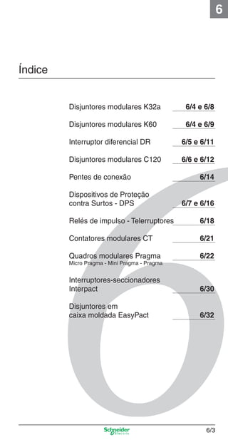 6

Índice

6_Distrib eletr-1.indd 6/3

Disjuntores modulares K32a

6/4 e 6/8

Disjuntores modulares K60

6/4 e 6/9

Interruptor diferencial DR

6/5 e 6/11

Disjuntores modulares C120

6/6 e 6/12

Pentes de conexão
Dispositivos de Proteção
contra Surtos - DPS

6/14

6/7 e 6/16

Relés de impulso - Telerruptores

6/18

Contatores modulares CT

6/21

Quadros modulares Pragma

6/22

Micro Pragma - Mini Pragma - Pragma

Interruptores-seccionadores
Interpact

6/30

Disjuntores em
caixa moldada EasyPact

6/32

6/3

10/2/08 8:38:04 PM

 