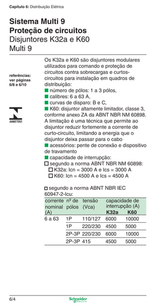 Capítulo 6: Distribuição Elétrica

Sistema Multi 9
Proteção de circuitos
Disjuntores K32a e K60
Multi 9

referências:
ver páginas
6/8 e 6/10

Os K32a e K60 são disjuntores modulares
utilizados para comando e proteção de
circuitos contra sobrecargas e curtoscircuitos para instalação em quadros de
distribuição:
■ número de pólos: 1 a 3 pólos,
■ calibres: 6 a 63 A,
■ curvas de disparo: B e C,
■ K60: disjuntor altamente limitador, classe 3,
conforme anexo ZA da ABNT NBR NM 60898.
A limitação é uma técnica que permite ao
disjuntor reduzir fortemente a corrente de
curto-circuito, limitando a energia que o
disjuntor deixa passar para o cabo
■ acessórios: pente de conexão e dispositivo
de travamento
■ capacidade de interrupção:
■ segundo a norma ABNT NBR NM 60898:
■ K32a: Icn = 3000 A e Ics = 3000 A
■ K60: Icn = 4500 A e Ics = 4500 A
■ segundo a norma ABNT NBR IEC
60947-2-Icu:
corrente nº de tensão
capacidade de
interrupção (A)
nominal pólos (Vca)
(A)
K32a
K60
6 a 63 1P
110/127 6000
10000
220/230 4500
5000
1P
2P-3P 220/230 6000
10000
2P-3P 415
4500
5000

6/4

6_Distrib eletr-1.indd 6/4

9/19/08 11:56:09 AM

 