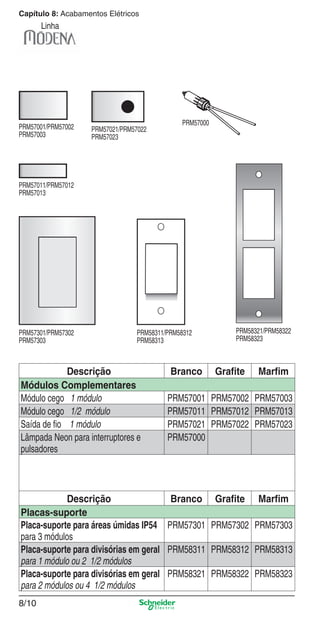 Capítulo 8: Acabamentos Elétricos

Linha

PRM57001/PRM57002
PRM57003

PRM57021/PRM57022
PRM57023

PRM57000

PRM57011/PRM57012
PRM57013

PRM57301/PRM57302
PRM57303

PRM58311/PRM58312
PRM58313

Descrição
Módulos Complementares
Módulo cego 1 módulo
Módulo cego 1/2 módulo
Saída de ﬁo 1 módulo
Lâmpada Neon para interruptores e
pulsadores

Branco

PRM58321/PRM58322
PRM58323

Graﬁte

Marﬁm

PRM57001 PRM57002 PRM57003
PRM57011 PRM57012 PRM57013
PRM57021 PRM57022 PRM57023
PRM57000

Descrição
Branco Graﬁte Marﬁm
Placas-suporte
Placa-suporte para áreas úmidas IP54 PRM57301 PRM57302 PRM57303
para 3 módulos
Placa-suporte para divisórias em geral PRM58311 PRM58312 PRM58313
para 1 módulo ou 2 1/2 módulos
Placa-suporte para divisórias em geral PRM58321 PRM58322 PRM58323
para 2 módulos ou 4 1/2 módulos
8/10

8_Produtos Prime-1.indd 8/10

9/19/08 12:08:49 PM

 
