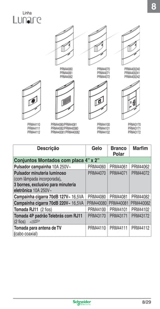 8

Linha

PRM44060
PRM44061
PRM44062

PRM44110
PRM44111
PRM44112

PRM44070
PRM44071
PRM44072

PRM4400240
PRM4400241
PRM4400242

PRM44080/PRM44081
PRM44082/PRM440080
PRM440081/PRM440082

PRM44100
PRM44101
PRM44102

PRM43170
PRM43171
PRM43172

Descrição

Gelo

Conjuntos Montados com placa 4” x 2”
PRM44060
Pulsador campainha 10A 250V~
Pulsador minuteria luminoso
PRM44070
(com lâmpada incorporada),
3 bornes, exclusivo para minuteria
eletrônica 10A 250V~
Campainha cigarra 70dB 127V~ 16,5VA PRM44080
Campainha cigarra 70dB 220V~ 16,5VA PRM440080
Tomada RJ11 (2 ﬁos)
PRM44100
Tomada 4P padrão Telebrás com RJ11 PRM43170
(2 ﬁos)
Tomada para antena de TV
PRM44110
(cabo coaxial)

8_Produtos Prime-1.indd 8/29

Branco
Polar

Marﬁm

PRM44061 PRM44062
PRM44071 PRM44072

PRM44081
PRM440081
PRM44101
PRM43171

PRM44082
PRM440082
PRM44102
PRM43172

PRM44111 PRM44112

8/29

9/19/08 12:08:57 PM

 
