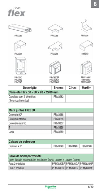 8

Linha

PRM3252

PRM3255

PRM3256

PRM3257

PRM3258

PRM3259

PRM3240
PRM3140
PRM3040

PRM7820BF
PRM7821GF
PRM7824MF

Descrição
Branca
Canaleta Flex 50 - 50 x 20 x 2200 mm
Canaleta com 2 divisórias
PRM3252
(3 compartimentos)
Mata juntas Flex 50
Cotovelo 90º
Cotovelo interno
Cotovelo externo
T
Luva

PRM3240

Cinza

Marﬁm

PRM3140

PRM3040

PRM3255
PRM3256
PRM3257
PRM3258
PRM3259

Caixas de sobrepor
Caixa 4” x 2”

PRM7830BF
PRM7830GF
PRM7830MF

Caixa de Sobrepor Versátil
(para ﬁxação dos módulos das linhas Duna, Lunare e Lunare Decor)
PRM7820BF PRM7821GF PRM7824MF
Para 2 módulos
Para 1 módulo
PRM7830BF PRM7830GF PRM7830MF

8_Produtos Prime-2.indd 8/49

8/49

9/19/08 12:11:55 PM

 
