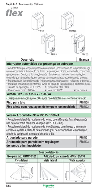 Capítulo 8: Acabamentos Elétricos

Linha

PRM130

PRM132

PRM131

Descrição
Interruptor automático por presença de sobrepor

PRM133

Branca

• Ao detectar a presença de pessoas ou animais (por variação de temperatura), liga
automaticamente a iluminação de áreas de passagem rápida, como halls, corredores,
garagens etc. Desliga a iluminação após não detectar mais nenhuma variação,
evitando que lâmpadas ﬁquem acesas sem necessidade, economizando energia.
• Para qualquer tipo de lâmpada (incandescente, ﬂuorescente, halógena e dicróica).
• Para uso em ambientes internos, livres da ação de raios solares e correntes de ar.
• Tensão de operação: 90 a 230V~ • Freqüência: 50 a 60Hz
• Potência máxima: 1.000VA
• Consumo: 0,7W
• Cor Branca

Versão Fixo - 90 a 230 V~ 1000VA
- Desliga a iluminação aprox. 30 s após não detectar mais nenhuma variação
Fixo para teto
PRM130
Fixo p/teto com regulagem de tempo e luminosidade PRM132
Versão Articulado - 90 a 230 V~ 1000VA
- Possui pino lateral de regulagem do tempo que a lâmpada ﬁcará ligada após
não detectar mais nenhuma variação (de 20 s a 5 min).
- Possui pino lateral de regulagem da fotocélula que permite que o interruptor
comece a operar a partir de determinado grau de luminosidade (claridade) no
ambiente que possui luz natural durante o dia.
Articulado para parede
PRM131
Articulado para parede com regulagem
PRM133
de tempo e luminosidade
Fixo para teto PRM130/132
Vista lateral

Zona de detecção
Articulado para parede - PRM131/133
Vista lateral
Vista superior

8/52

8_Produtos Prime-2.indd 8/52

9/19/08 12:11:56 PM

 