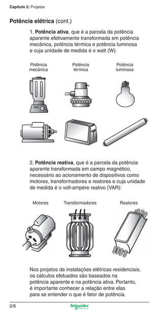 Capítulo 2: Projetos

Potência elétrica (cont.)
1. Potência ativa, que é a parcela da potência
aparente efetivamente transformada em potência
mecânica, potência térmica e potência luminosa
e cuja unidade de medida é o watt (W).
Potência
mecânica

Potência
térmica

Potência
luminosa

2. Potência reativa, que é a parcela da potência
aparente transformada em campo magnético,
necessário ao acionamento de dispositivos como
motores, transformadores e reatores e cuja unidade
de medida é o volt-ampère reativo (VAR):
Motores

Transformadores

Reatores

Nos projetos de instalações elétricas residenciais,
os cálculos efetuados são baseados na
potência aparente e na potência ativa. Portanto,
é importante conhecer a relação entre elas
para se entender o que é fator de potência.
2/6

2_Projetos.indd 2/6

9/19/08 11:15:14 AM

 
